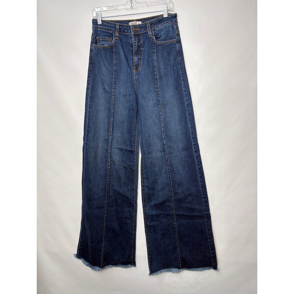 O2 Denim Womens Dark Wash High Rise Seamed Wide Leg Jeans Frayed Hem Sz 31 USA